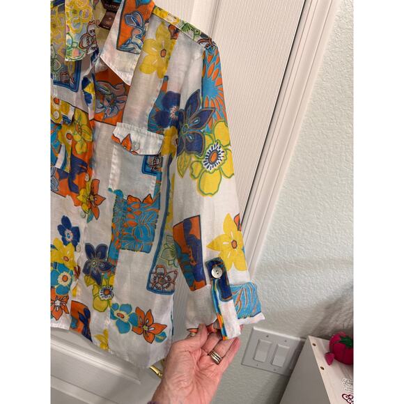 Multiples Patchwork Floral Button Front Top Medium Sheer Panels Roll Tab Sleeve - Picture 5 of 11